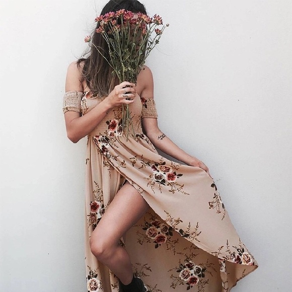 5 🌟 NEW Tan Off Shoulder Floral Boho Maxi Dress - Picture 4 of 6